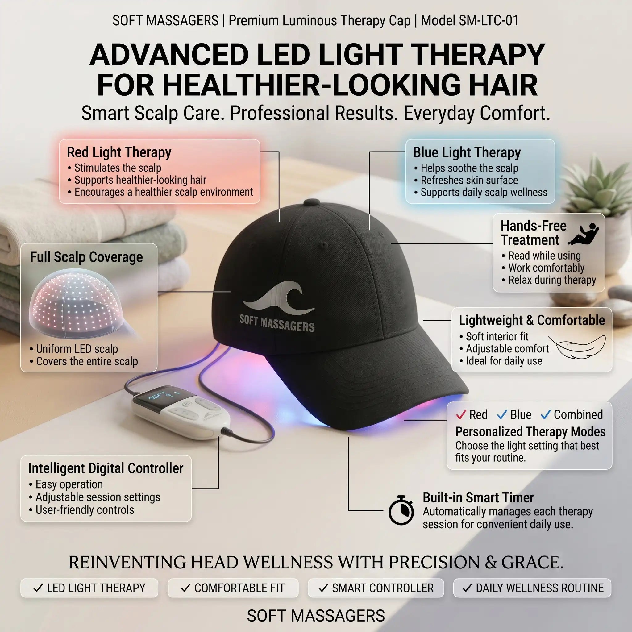 120-Point LED Red & Blue Light Therapy Hair Growth Cap