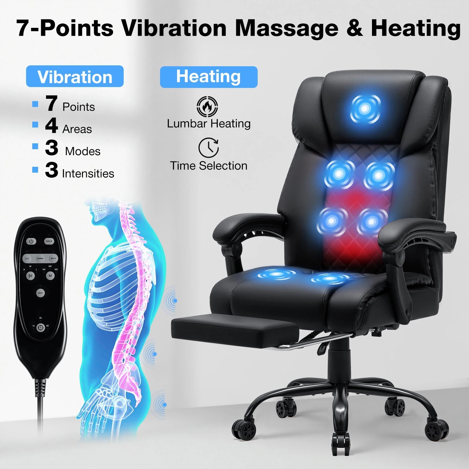 Black Massage Office Chair Foot Rest Heat 7 Points Vibration Ergonomic Executive Office Chair W/ Footrest Reclining Home Office